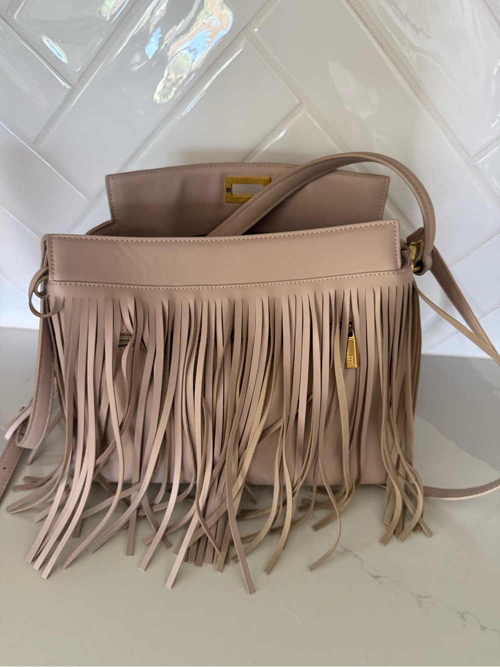 Melie Bianco Blush Fringe Crossbody Bag with Gold Hardware - Picture 4 of 5